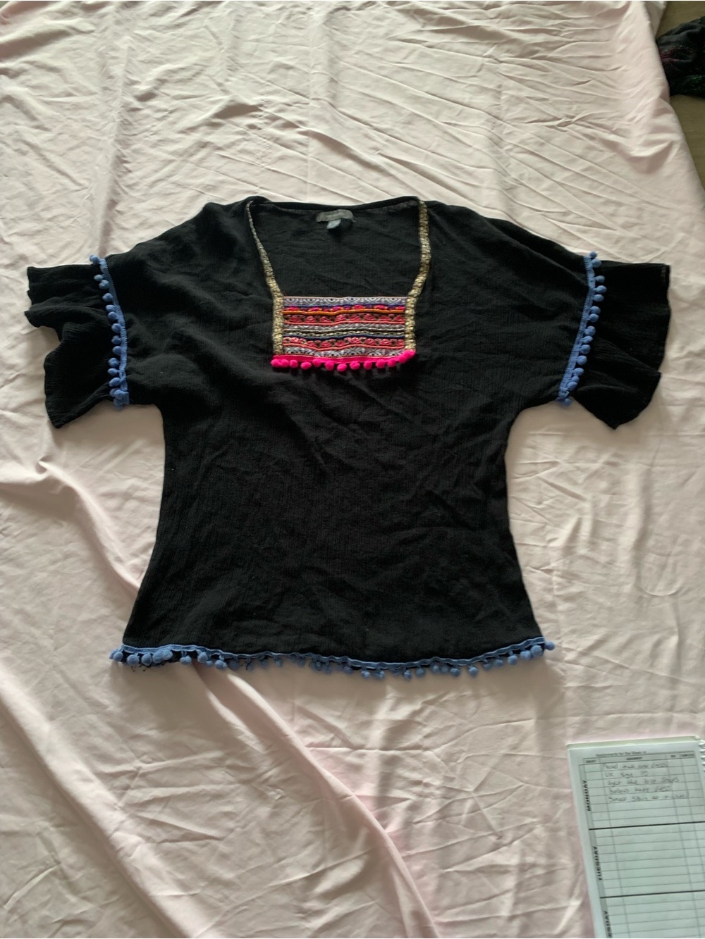 Primark Black Short Sleeve Top with Embroidered Panel and Pom-Poms